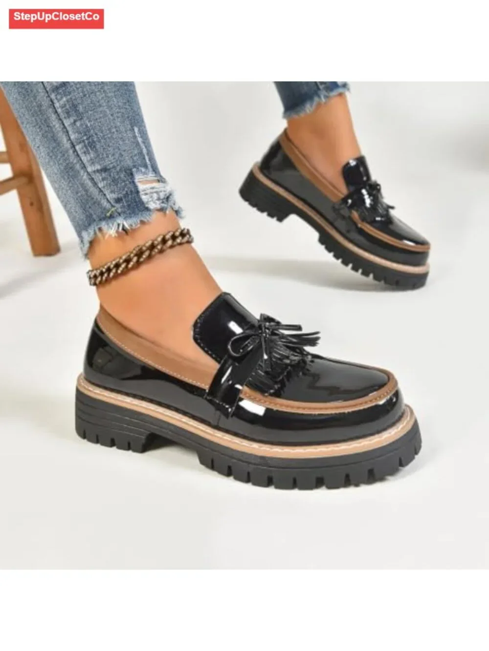 Patent Leather Lug Sole Loafers Slip On Platform Penny Shoes Women's